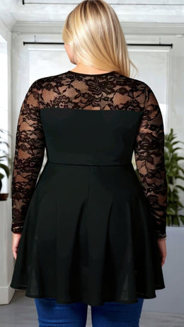 KissICON Plus Size Solid Lace Long Sleeve Tunic Top with Asymmetrical Hem