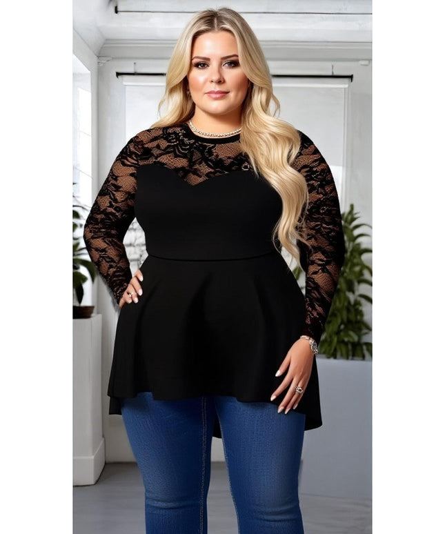 KissICON Plus Size Solid Lace Long Sleeve Tunic Top with Asymmetrical Hem