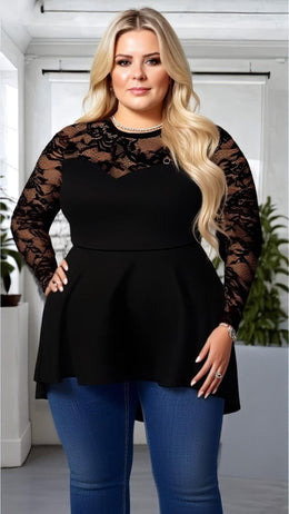 KissICON Plus Size Solid Lace Long Sleeve Tunic Top with Asymmetrical Hem