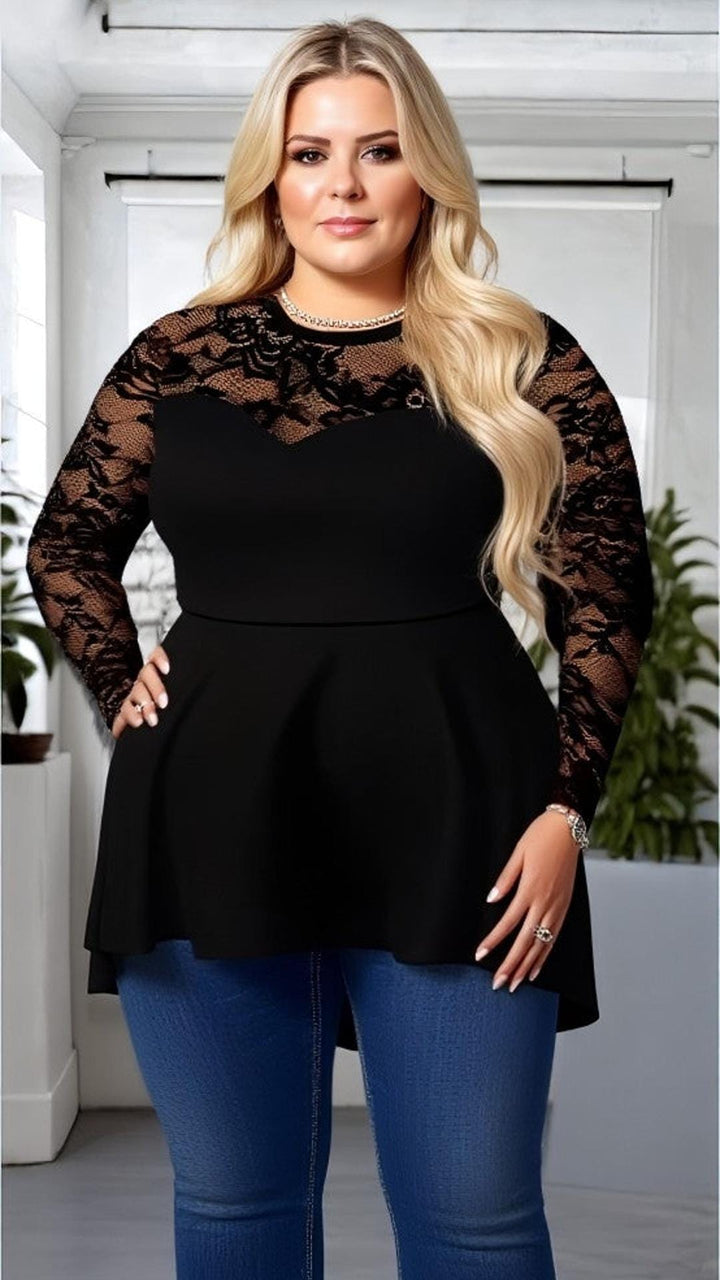 Plus Size Solid Lace Long Sleeve Tunic Top with Asymmetrical Hem