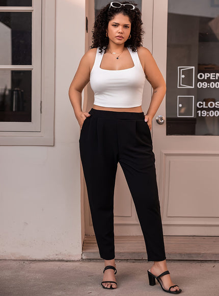 jkthpu-45 Plus Size Solid Pleated Tapered Pants - Stylish