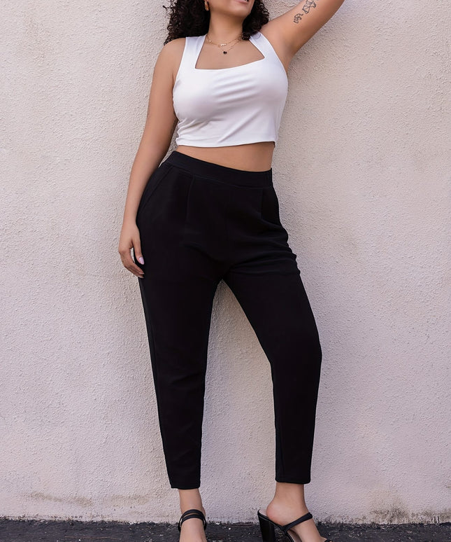 jkthpu-45 Plus Size Solid Pleated Tapered Pants - Stylish