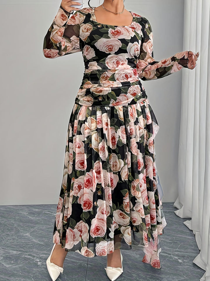Plus Size, Spring and Autumn Romantic Rose Print Long Sleeve Dress with High Waist, Elegant Design for Women's Elegance - Perfect for Dates, Parties, and Casual Attire