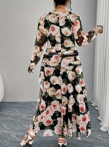 jkthpu-45 Plus Size, Spring and Autumn Romantic Rose Print Long Sleeve Dress with High Waist, Elegant Design for Women's Elegance - Perfect for Dates, Parties, and Casual Attire
