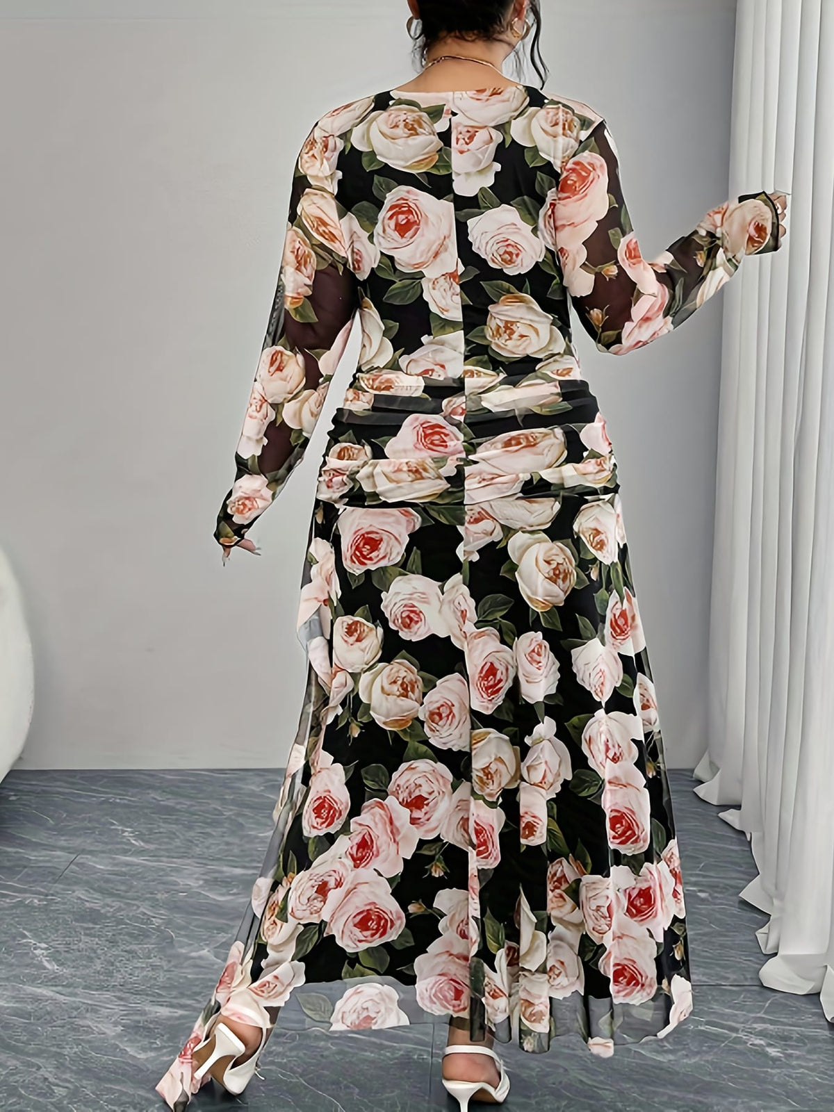 jkthpu-45 Plus Size, Spring and Autumn Romantic Rose Print Long Sleeve Dress with High Waist, Elegant Design for Women's Elegance - Perfect for Dates, Parties, and Casual Attire