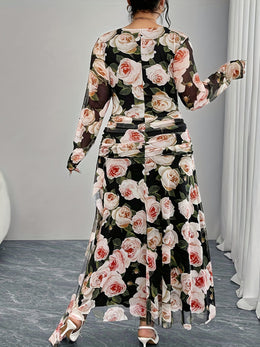 jkthpu-45 Plus Size, Spring and Autumn Romantic Rose Print Long Sleeve Dress with High Waist, Elegant Design for Women's Elegance - Perfect for Dates, Parties, and Casual Attire