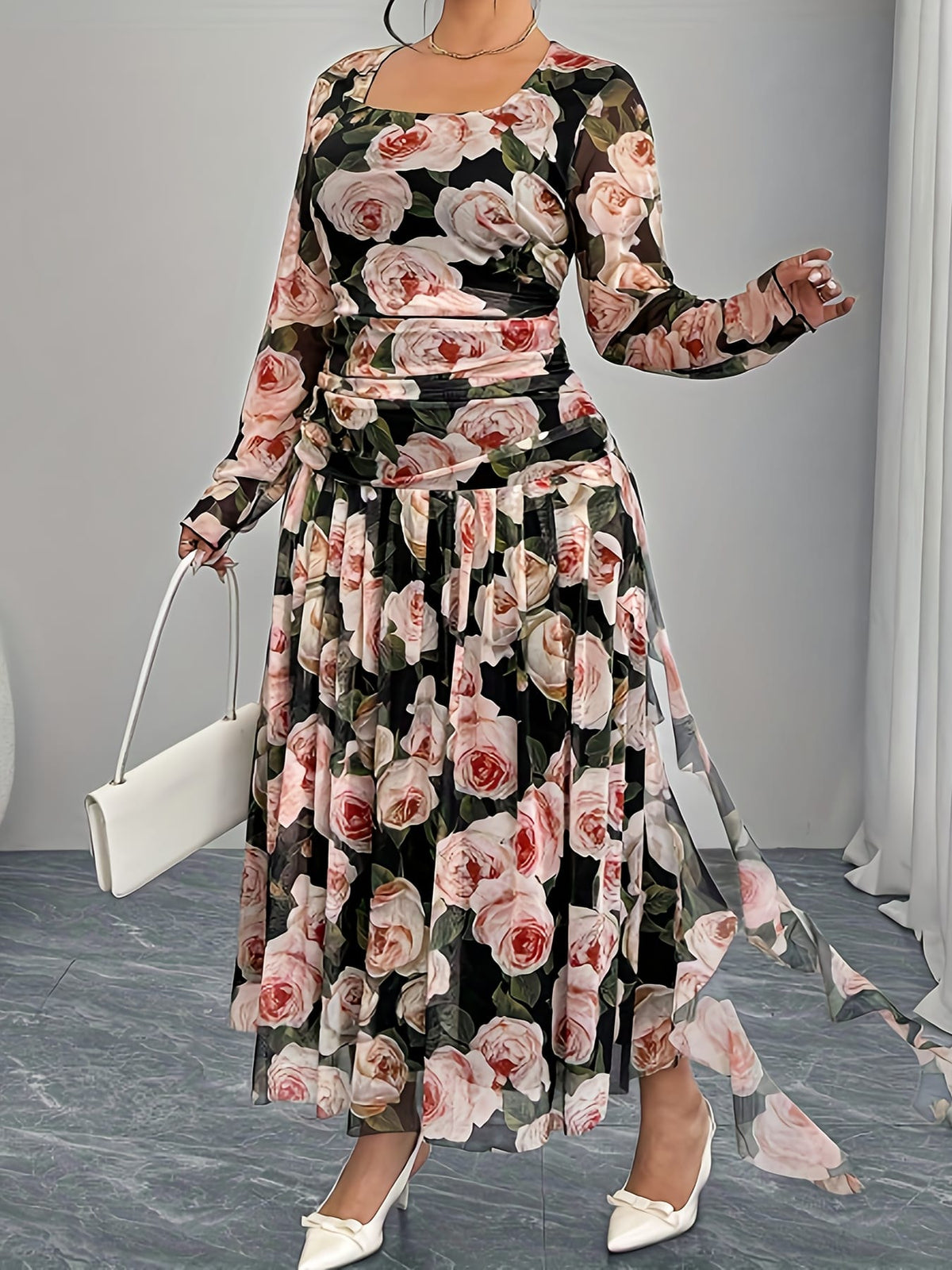 jkthpu-45 Plus Size, Spring and Autumn Romantic Rose Print Long Sleeve Dress with High Waist, Elegant Design for Women's Elegance - Perfect for Dates, Parties, and Casual Attire