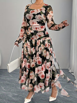 jkthpu-45 Plus Size, Spring and Autumn Romantic Rose Print Long Sleeve Dress with High Waist, Elegant Design for Women's Elegance - Perfect for Dates, Parties, and Casual Attire