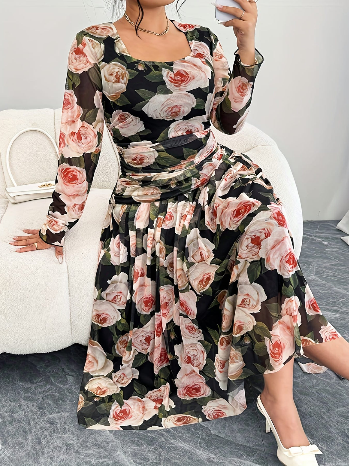 jkthpu-45 Plus Size, Spring and Autumn Romantic Rose Print Long Sleeve Dress with High Waist, Elegant Design for Women's Elegance - Perfect for Dates, Parties, and Casual Attire