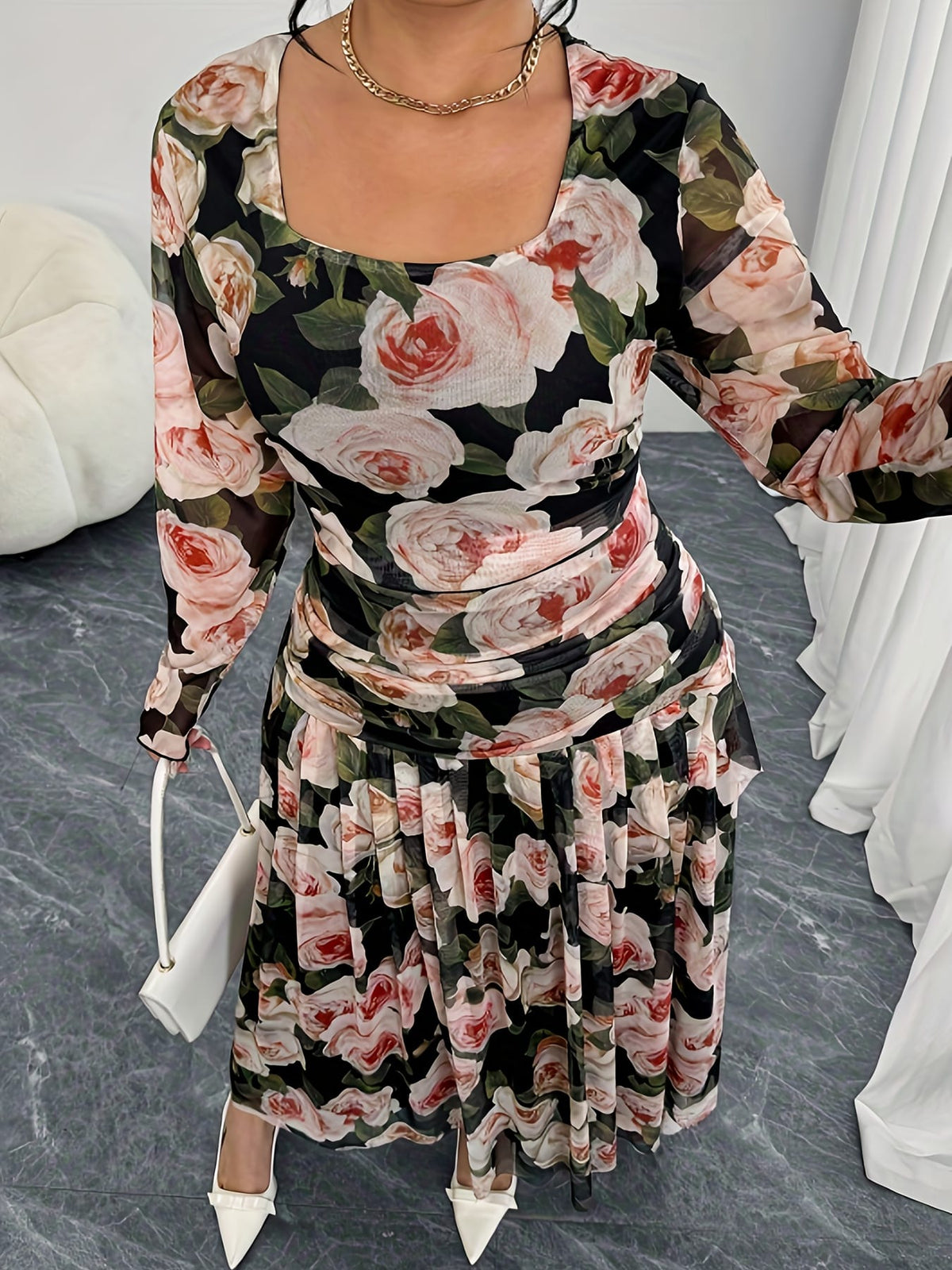 jkthpu-45 Plus Size, Spring and Autumn Romantic Rose Print Long Sleeve Dress with High Waist, Elegant Design for Women's Elegance - Perfect for Dates, Parties, and Casual Attire