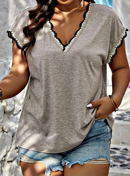 KissICON Plus Size, Spring-Summer Plus Size Contrast Lace Trim T-Shirt Top