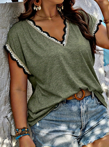 KissICON Plus Size, Spring-Summer Plus Size Contrast Lace Trim T-Shirt Top