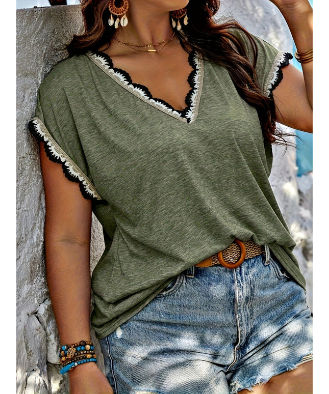 KissICON Plus Size, Spring-Summer Plus Size Contrast Lace Trim T-Shirt Top