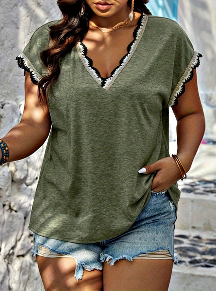 KissICON Plus Size, Spring-Summer Plus Size Contrast Lace Trim T-Shirt Top