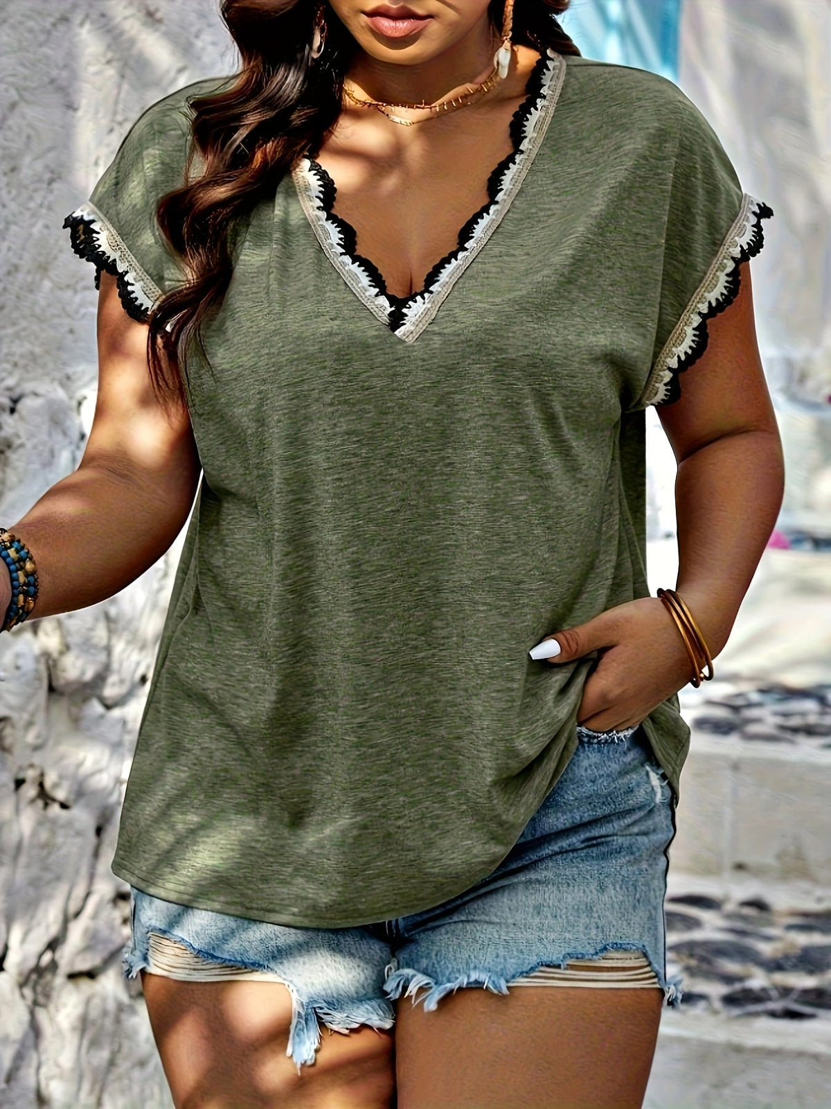 KissICON Plus Size, Spring-Summer Plus Size Contrast Lace Trim T-Shirt Top