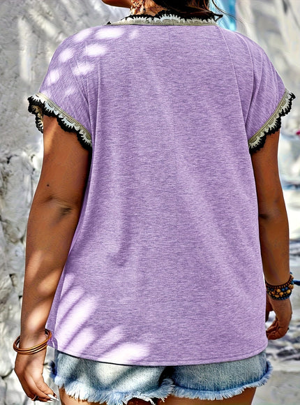 KissICON Plus Size, Spring-Summer Plus Size Contrast Lace Trim T-Shirt Top
