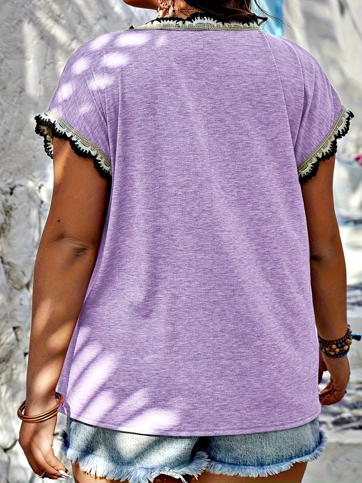 KissICON Plus Size, Spring-Summer Plus Size Contrast Lace Trim T-Shirt Top