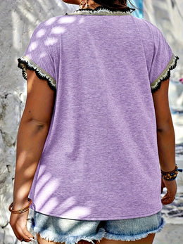 KissICON Plus Size, Spring-Summer Plus Size Contrast Lace Trim T-Shirt Top