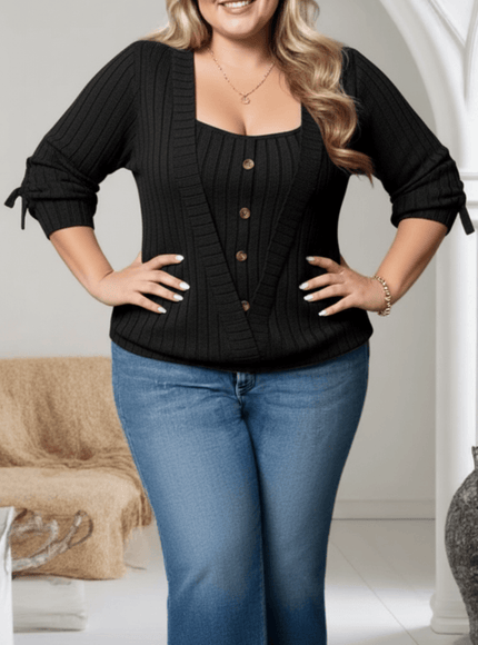 jkthpu-45 Plus Size Square Neck Buttoned Knit TwoPiece Set