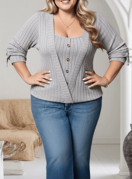 jkthpu-45 Plus Size Square Neck Buttoned Knit TwoPiece Set