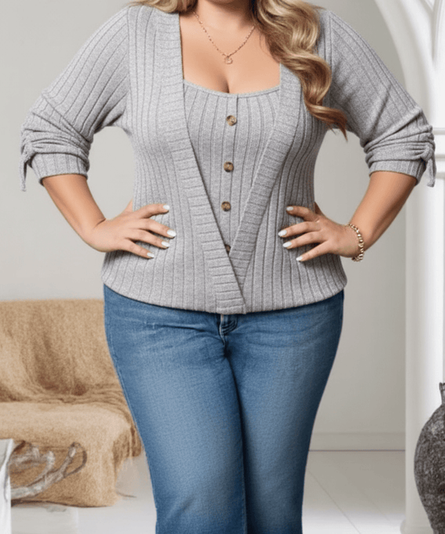jkthpu-45 Plus Size Square Neck Buttoned Knit TwoPiece Set