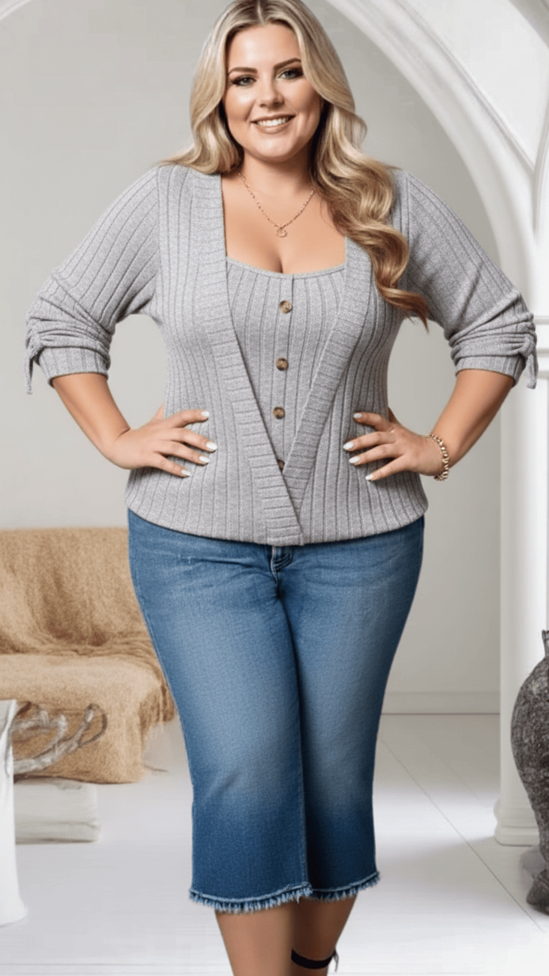 jkthpu-45 Plus Size Square Neck Buttoned Knit TwoPiece Set