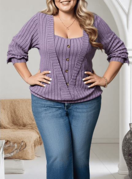 jkthpu-45 Plus Size Square Neck Buttoned Knit TwoPiece Set
