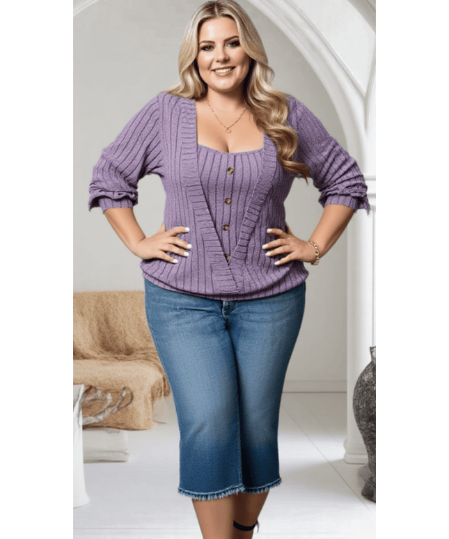 jkthpu-45 Plus Size Square Neck Buttoned Knit TwoPiece Set