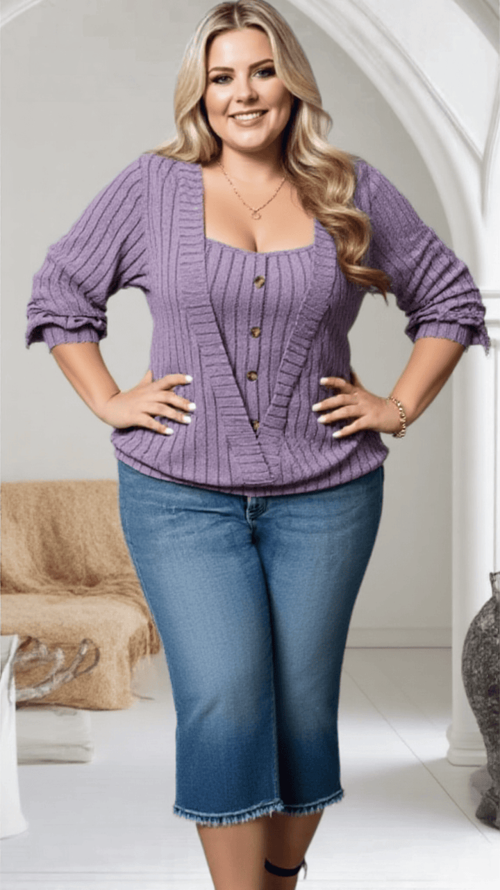 Plus Size Square Neck Buttoned Knit TwoPiece Set