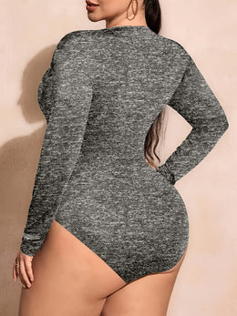 jkthpu-45 Plus Size Square Neck Long Sleeve Knit Bodysuit – Casual Oversized