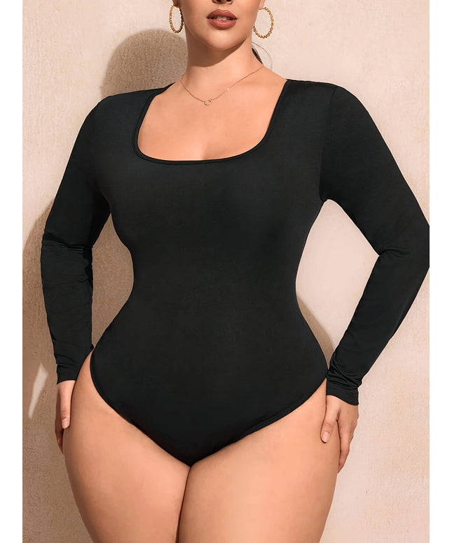 jkthpu-45 Plus Size Square Neck Long Sleeve Knit Bodysuit – Casual Oversized