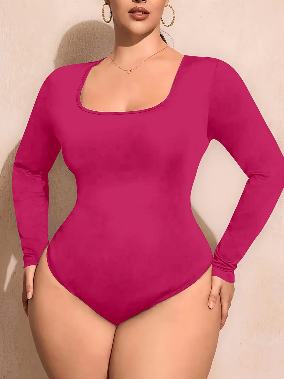jkthpu-45 Plus Size Square Neck Long Sleeve Knit Bodysuit – Casual Oversized