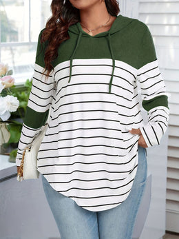 jkthpu-45 Plus Size Stripe Print Hanky Hem Hoodie, Casual