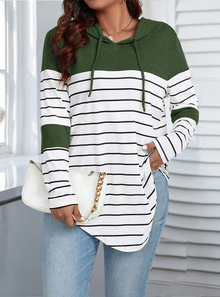 jkthpu-45 Plus Size Stripe Print Hanky Hem Hoodie, Casual