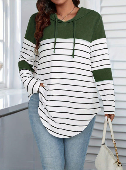 jkthpu-45 Plus Size Stripe Print Hanky Hem Hoodie, Casual