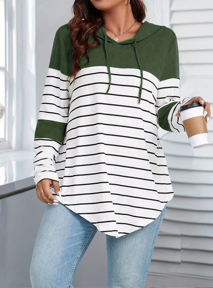 jkthpu-45 Plus Size Stripe Print Hanky Hem Hoodie, Casual