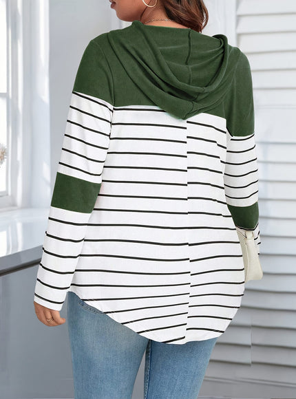 jkthpu-45 Plus Size Stripe Print Hanky Hem Hoodie, Casual