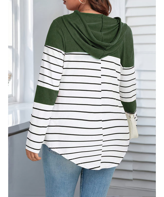 jkthpu-45 Plus Size Stripe Print Hanky Hem Hoodie, Casual