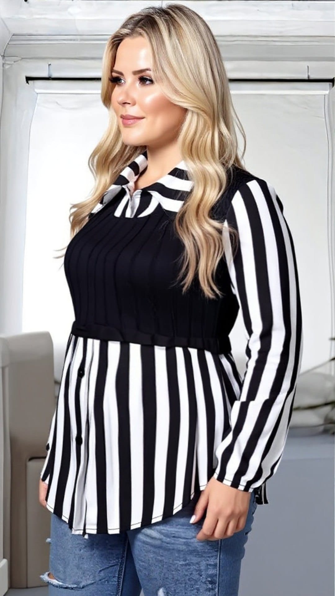 KissICON Plus Size Striped Lapel Collar Long Sleeve Blouse – Black & White