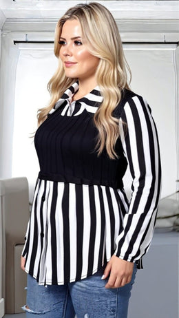 KissICON Plus Size Striped Lapel Collar Long Sleeve Blouse – Black & White
