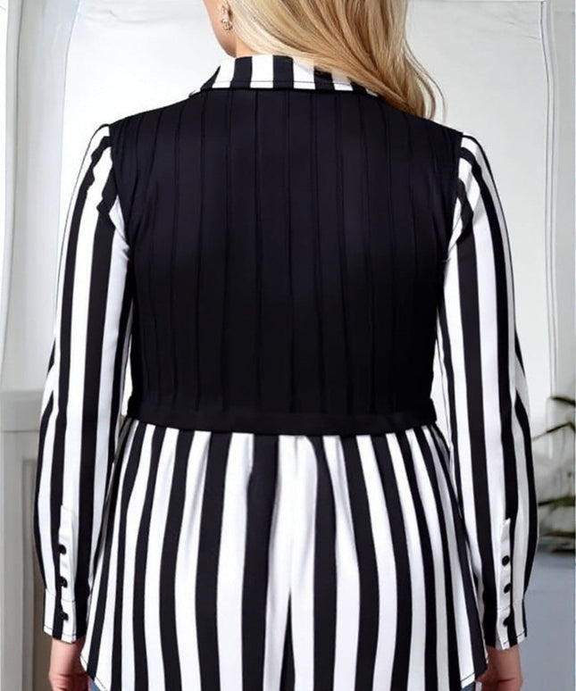 KissICON Plus Size Striped Lapel Collar Long Sleeve Blouse – Black & White