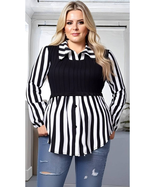 KissICON Plus Size Striped Lapel Collar Long Sleeve Blouse – Black & White