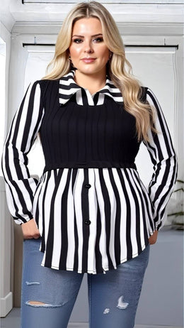KissICON Plus Size Striped Lapel Collar Long Sleeve Blouse – Black & White