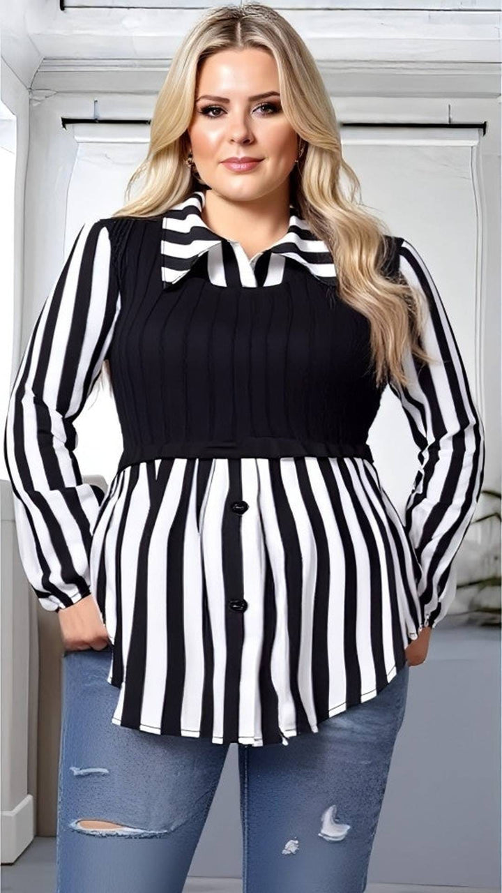 Plus Size Striped Lapel Collar Long Sleeve Blouse – Black & White