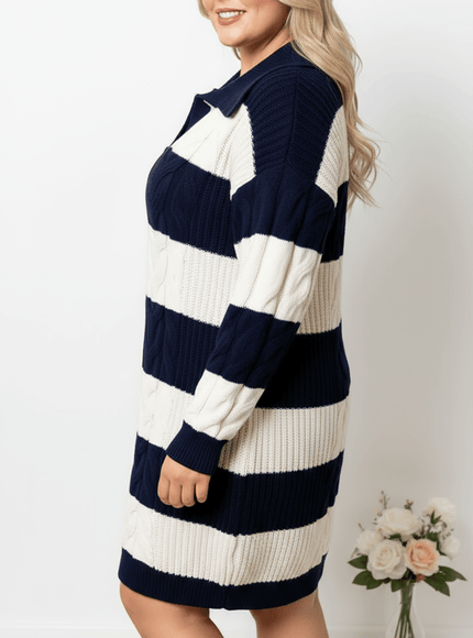 jkthpu-45 Plus Size Striped Lapel Midi Sweater Dress