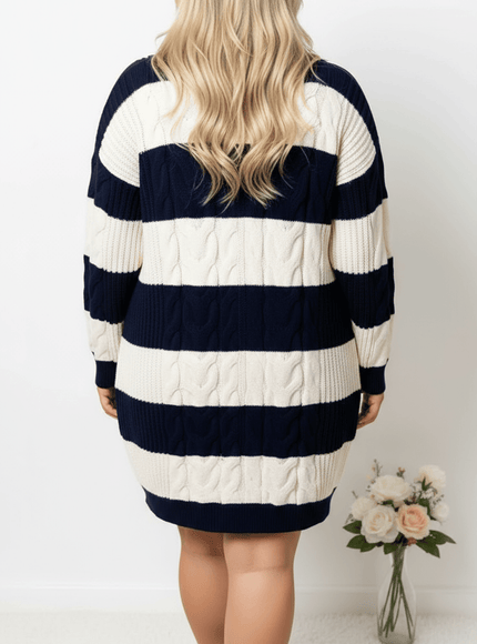 jkthpu-45 Plus Size Striped Lapel Midi Sweater Dress