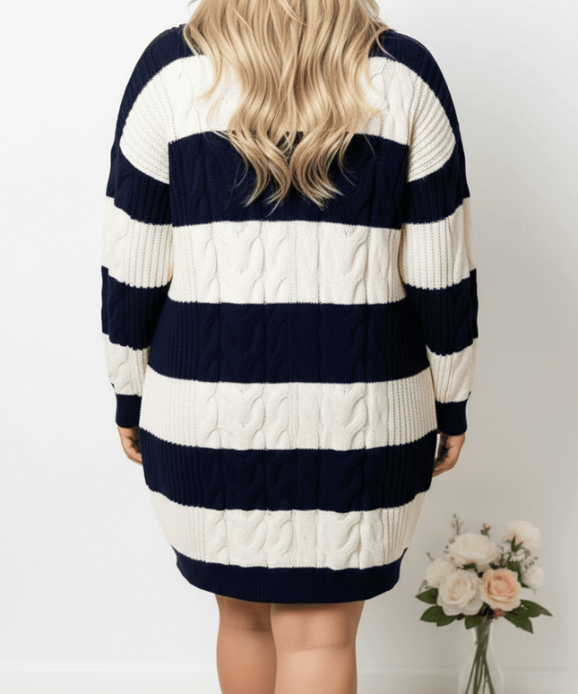 jkthpu-45 Plus Size Striped Lapel Midi Sweater Dress