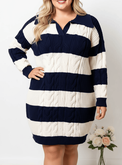 jkthpu-45 Plus Size Striped Lapel Midi Sweater Dress