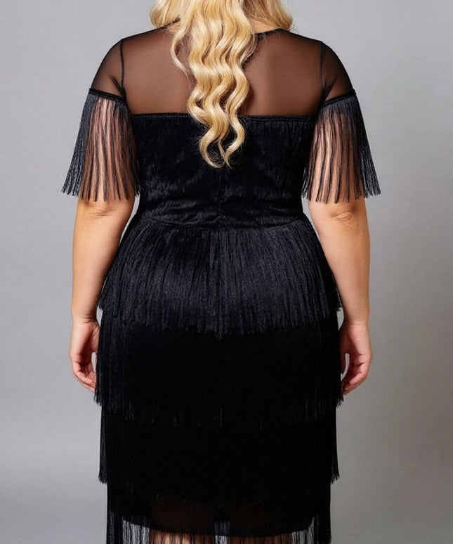 KissICON Plus Size Summer Mesh Splice Tassel Trim Bodycon Dress – Elegant Cruise & Party Outfit