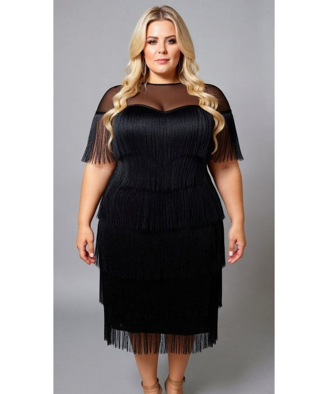 KissICON Plus Size Summer Mesh Splice Tassel Trim Bodycon Dress – Elegant Cruise & Party Outfit